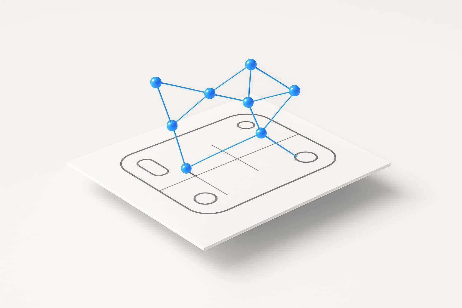 A 2D sketch on a floating plane with a blue graph of connected constraint nodes hovering above its points