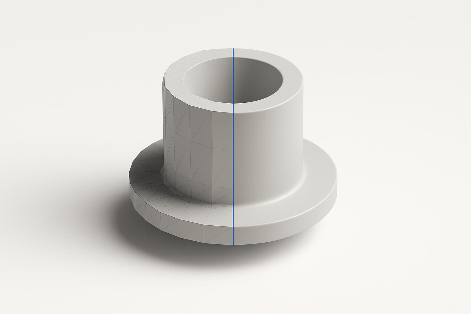 Flanged cylindrical part split by a blue line — left half a faceted triangle mesh, right half smooth exact geometry