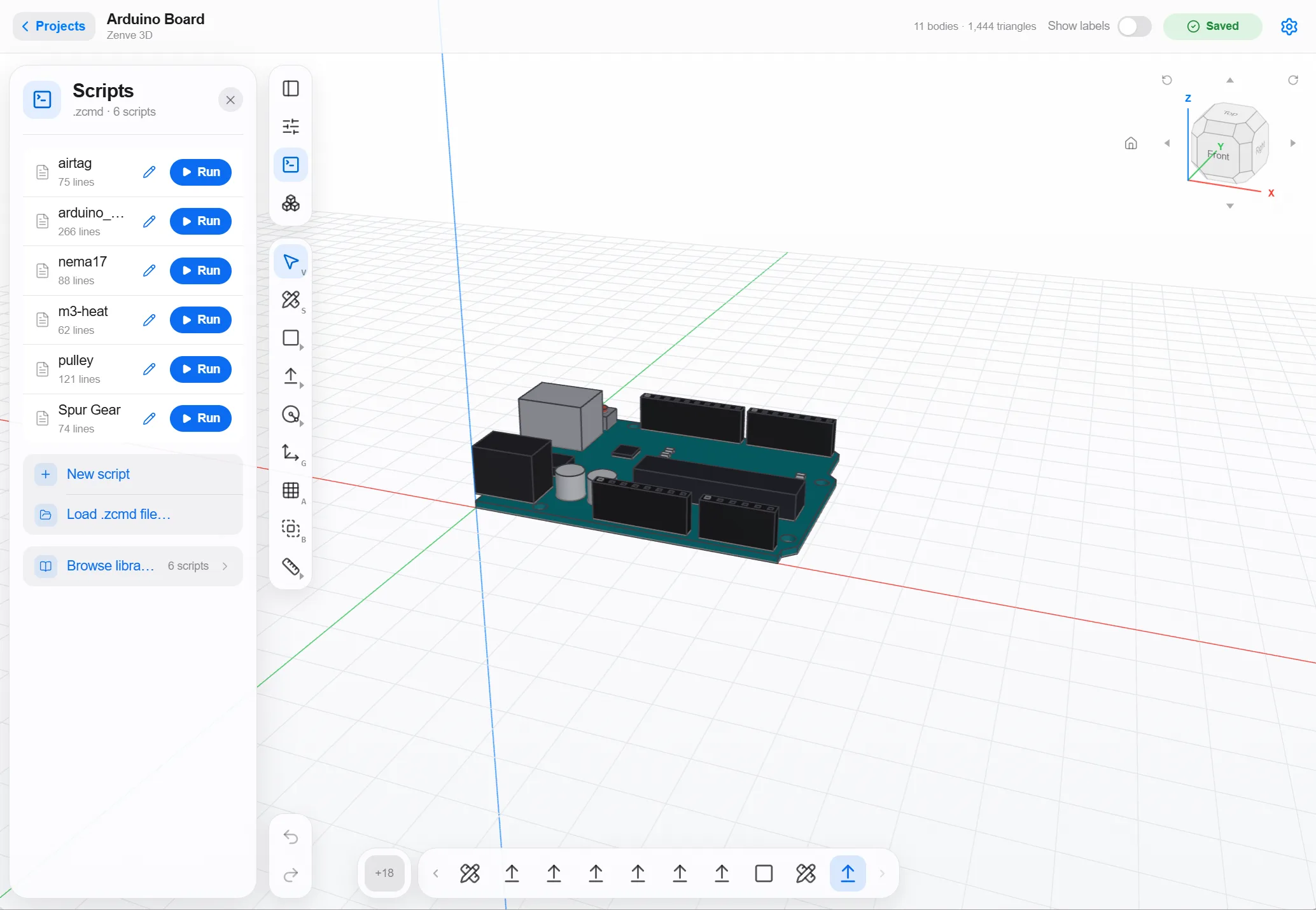 The Arduino Uno R3 from the library, run into an empty project in the web builder: eleven bodies — PCB, headers, USB and barrel jack, ICs and capacitors — and a timeline of the extrudes that drew them